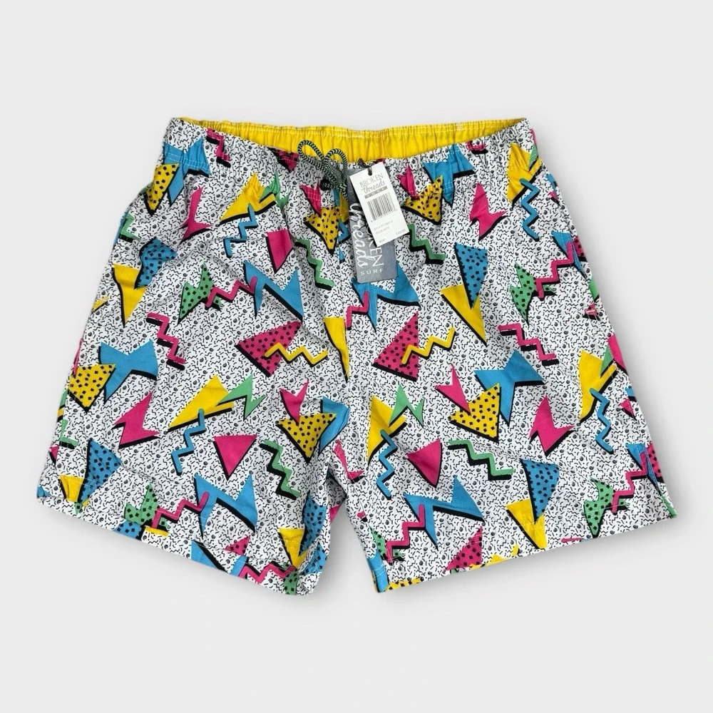 NWT Mens Hybrid Board Surf Shorts White 90s Geometric Neon Size M Broken Threads